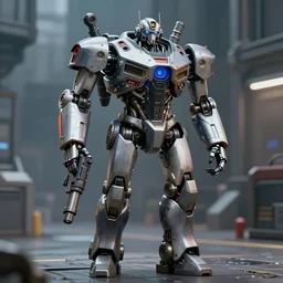 full body wide view of a chappie - soundwave - robot hybrid, centered, with robotech and gundum technology and guns, futuristic, walking in cybertron, cinematography by trent opaloch, deep depth field, masterpiece, featured on vimeo, featured on pixiv, cinematic composition, hyper - detailed, sharp focus - no blur, hd, hdr, 4 k, 8 k