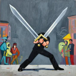 greg manchess painting of raining swords, organic painting, sunny day, matte painting, bold shapes, hard edges, street art, trending on artstation, by huang guangjian, gil elvgren, ruan jia, randy vargas, greg rutkowski
