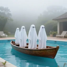 ghosts on a boat in the middle of the vintage swimming pools, fog, deep blue mood, colorful, contemporary archival color photograph print from the original negative, by stanley kubrick