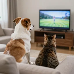 a very detailed and sharp photo of a dog and a cat sitting on a couch watching tv