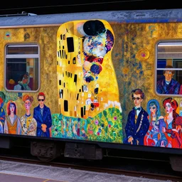 a completely full train, psychedelic, patterned skin, trending on artstation, photorealism, vibrant colors, digital art, in the style of harumi hironaka, gustav klimt, egon schiele, coby whitmore, david bates, monet, lisa frank, picasso, octane render.
