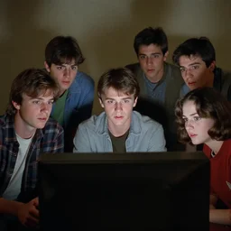 7 0 s film still from a horror movie with young adults staring at a television, kodachrome, cinecolor, cinestill, photorealism, cinematic, film grain, film texture, vhs recording