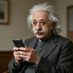 a professional picture of albert einstein holding a phone