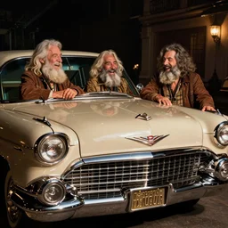 a widescreen photo of a old cadillac full with old laughing happy old men with long hair, long beards, low light, by steve mccurry