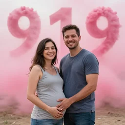 a pregnant woman and her husband smiling in front of 9 / 1 1 with pink smoke