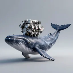 digital art of a small v 8 engine on the large rectangular head and narrow jaw of a massive cachalot whale, eight - cylinder piston diesel engine in the head, a smooth body and tail of a cachalot whale, very short fins, mix of engine and head, full - body in horizontal pose, side view, wide angle, long shot, in the style of cyberpunk