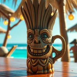 a closeup photorealistic photograph of a trader vic's tiki mug in the style of groot at the beach bar. bright scene. fine detail. this 4 k hd image is trending on artstation, featured on behance, well - rendered, extra crisp, features intricate detail, epic composition and the style of unreal engine.