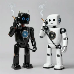 photo of black robot and white robot calling each other with vintage phone and smoking cigarette helmut newton style, award winning photography, 8 k photo