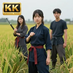 award - winning photo of a vietnamese girl ninja standing in rice field by hiroko sakai and greg rutkowski and min guen, trending on artstation, ultrarealistic, photorealistic, 8 k render, octane render, unreal render