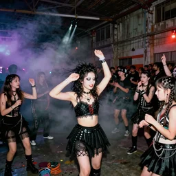 flash photography of goth and punk kids at a wild secret underground rave dance party in a warehouse by annie leibovitz, flash freezes motion, fog machines!!!, colorful,