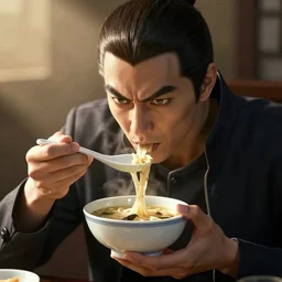 solid snake eating a bowl of soup with his hands