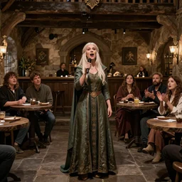 An Elven woman singing a tavern while everyone watches her in amazement, realistic style, wide shot