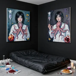empty room with black walls and a futon, a portrait of a female emo pathologist holding an octopus, intravenous drip, wilted flowers, pomegranate, berry juice dripping, pancakes, berries, surgical supplies, scientific glassware, candles, neo - expressionism, surrealism, acrylic and spray paint and oilstick on canvas