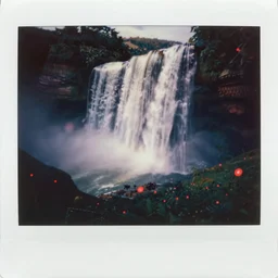 analog polaroid of a big waterfall, surronded by red fireflies, color bleed