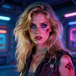 a gorgeous young woman in dead space, with wild blonde hair and haunted eyes, 1 9 7 0 s, space station, neon light showing injuries, delicate ex embellishments, painterly, offset printing technique