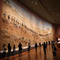 megalophobia, photo of an exhibit museum room, people taking photos to a huge inconmensurable vertiginous tri - dimensional diorama depicting the full mankind history timeline, national art museum, scientific, rule of thirds