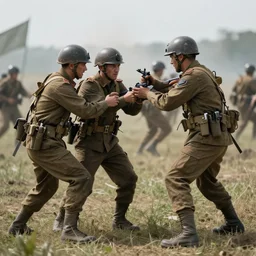 enemy soldiers tickling each other on the battlefield