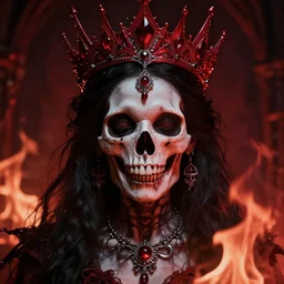 skull queen with an red crown, hints of silver jewelry, gothic, eerie, intricate detail, dramatic lighting, fire, red, 4 k