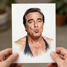 person holding a picture, picture is sketch of danny devito making kissy face in a mankini, sharp focus, photography, unreal engine, trending on artstation, photorealistic, octane, trending on deviantart