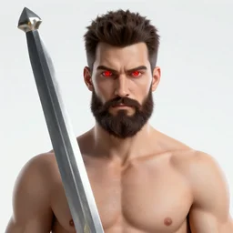 A man with red glowing eyes and a beard and a giant sword killing monsters badass , sketch , trending on artstation , Hyperdetailed , CGSociety