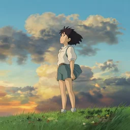 anime girl standing on grass looking up at a cloudy sky during sunset, fantasy landscape concept art by ghibli craig mullins and rossdraws