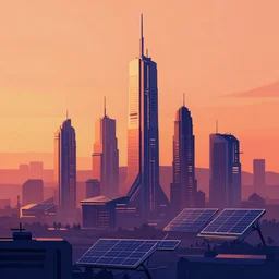 futuristic solar punk city at sunset, minimalistic style )