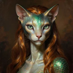 detailed portrait in femininity, regal alien, feline, realistic face sculpted features, large clear eyes, statuesque model, opalescent skin, silky hair, warm glow, bathed in light, chiaroscuro, shimmering scales, biomorphic, organic impressionism, dappled backdrop, deep rich tones, burnt umber and emerald color palette, painterly