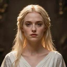 goddess, Evan Rachel Wood, pale, holy, gorgeous, white dress, symmetrical face, high fantasy, concept art, Disco Elysium, warm lighting