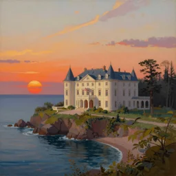 a painting of a large mansion on the edge of the sea by andreas achenbach, sunset, featured on artstation, fantasy art, matte drawing, matte painting, artstation hq