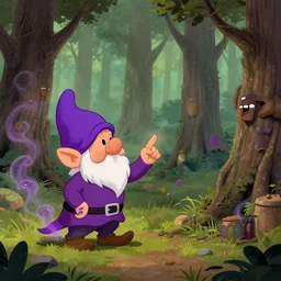 purple gnome controlling spirits to fight off tree people in a winery. fantasy