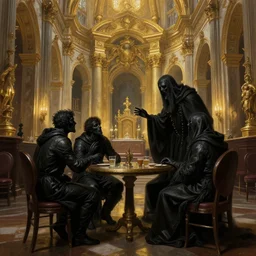 beautiful oil matte painting, black plague infected people meeting the grim reaper inside a baroque cathedral, wonderful masterpiece highly detailed, beautiful cinematic light deep focus, elegant, digital painting, smooth, sharp focus, golden ratio, dramatic illumination, ultra realistic, 8 k, art by salvator rosa
