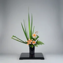 a photo of 8k Ikebana in flower vase, ikenobo, ohararyu, sougetsu, wide angle, sony a7r3, ultra detail, photorealistic, in simple background