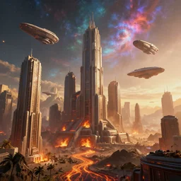 The futuristic sci-fi city has tall brutalist architecture buildings, some giant spaceships are flying over the city, the background has a detailed heavenly and iridescent light from nebulas, this is a hot planet and it has lava everywhere, even building are burning, panoramic view, cyberpunk, vaporwave, matte painting, concept art, dramatic lighting, golden hour, 4k, 8k, trending on Artstation, realistic