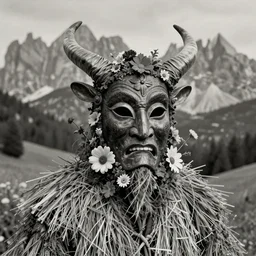 portrait of a tyrolean folklore mask,  dark, eerie , wearing hay coat, with horns, eerie, flowers growing out of his body, dolomites in the background, detailed intricate insanely detailed octane render, 8k, artistic 1920s photography, vintage photo, black and white, photorealistic, chiaroscuro, by David Cronenberg, Raphael, Caravaggio