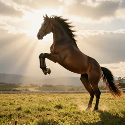 cartwheeling horse, legs in air, god rays, arced back