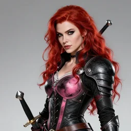 Beautiful Rogue lady, red hair, Black-pink leather armor, high fantasy, Katherine mcnamara inspired, very detailed face, daggers, high fantasy, matte painting, by Frank Franzzeti, trending on Artstation, octane, trending on Deviantart, artstationHQ, cgscoiety, artstationHD, full color, ultra HD, 8k