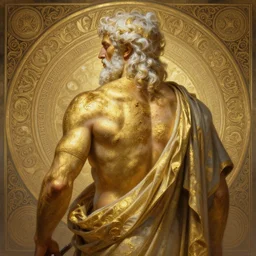 painted back portrait of rugged zeus greek god by greg rutkowski craig mullins artgerm alphonse mucha, messy gold body paint, white hair handsome muscular upper body mature warm flowing robe [ ancient greek motifs ] background fantasy intricate elegant detailed digital painting concept art artstation sharp focus illustration