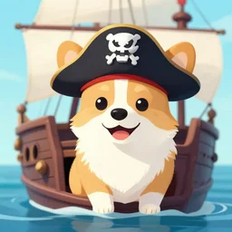 a pirate corgi, corgi on a pirate ship in the sea