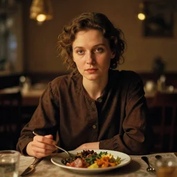 a russian woman sitting at a table with a plate of food in dark warm light, a character portrait by nadya rusheva, featured on cg society, neo - fauvism, movie still, 8 k, fauvism, cinestill, bokeh