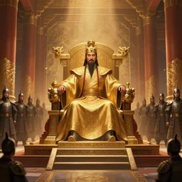 Emperor sits in his 100 meter height, 500 meter width throne room, guarded by soldiers, digital art trending on artstation