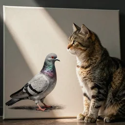 a cat drawing a pigeon on a canvas, realistic