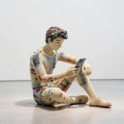 stunning intriguing sculpture of man sitting on the floor with an iphone, composed of tiny colorful details, hyperdetailed, by antoni gaudi, in clean minimal style museum