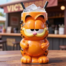 a closeup photorealistic photograph of a glossy orange cat garfield style tiki mug sitting at an outdoor trader vic's bar featuring garfield's face. tiki theme. icy colorful drink. bright scene. fine detail. this 4 k hd image is trending on artstation, featured on behance, well - rendered, extra crisp, features intricate detail, epic composition and the style of unreal engine.