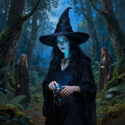 hyper realistic witch modem with mood lighting and tech in the woods gorgeous lighting, blue sky, highly detailed, lush forest foliage painting by zdzisław beksinski and norman rockwell and greg rutkowskiweta studio, and lucasfilm