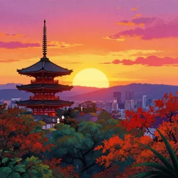 colorful illustration of japan sunset, by hajime sorayama and hasui kawase and junji ito