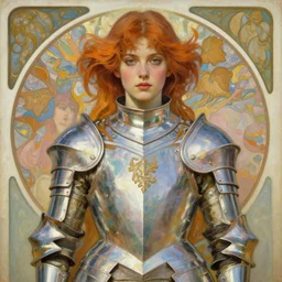 a young woman wearing iridescent art nouveau armor symmetrical portrait, character concept art, art nouveau oilpainting, trending in artstation, cgsociety, by Donato Giancola, Alphonse Mucha, Artgerm and William Bouguereau