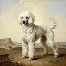 a neoclassical painting of an overly muscular athletic small white poodle with murderous red eyes. nature study. akkadian landscape, vanilla colored morning sky. german realism. von amerling. dahlenberg.