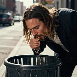 close up photo of jared leto bending down and eating out of a full trash can on a city street
