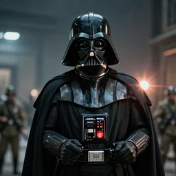 Darth Vader in world war 2 footage, splash art, movie still, cinematic lighting, dramatic, octane render, long lens, shallow depth of field, bokeh, anamorphic lens flare, 8k, hyper detailed, 35mm film grain