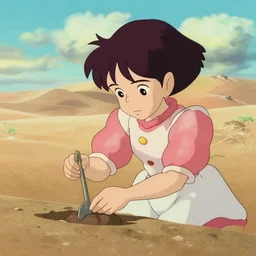a wholesome animation key shot of nausicaa creating something in the desert by herself, studio ghibli, pixar and disney animation, sharp, disney concept art watercolor illustration by mandy jurgens and alphonse mucha and alena aenami, pastel color palette, dandelion seeds float, bloom, dramatic lighting